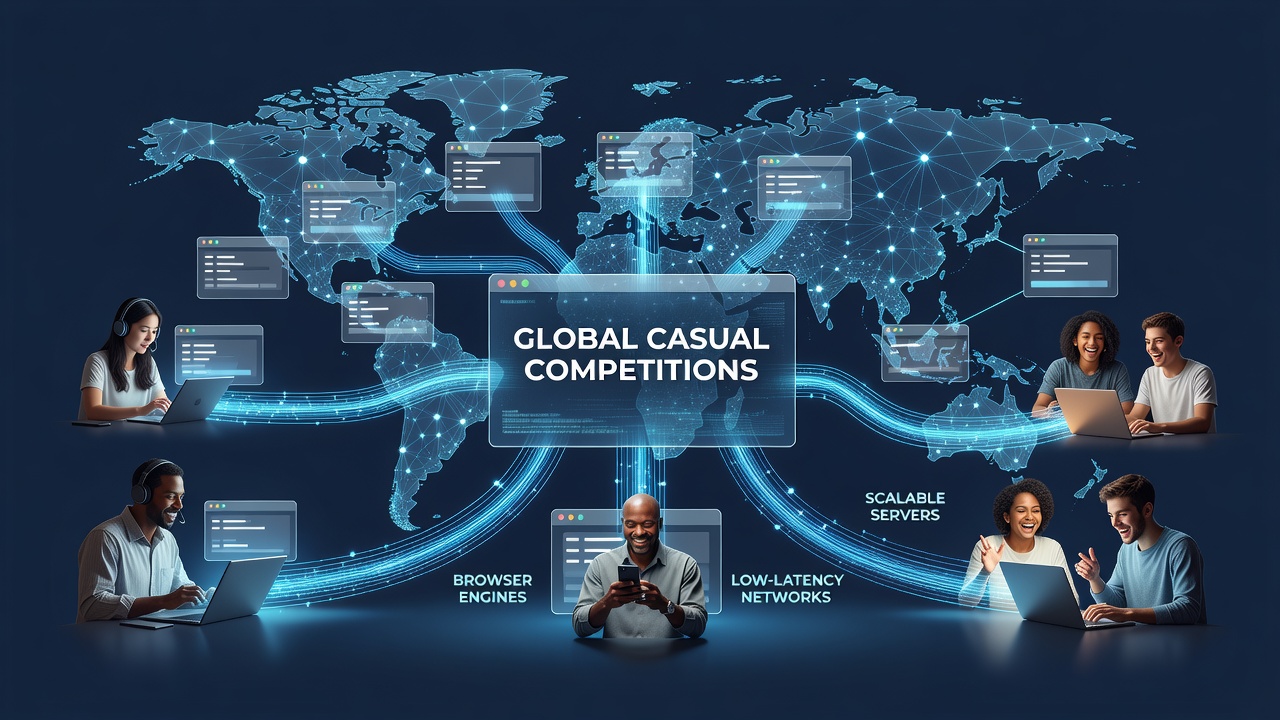 Global map overlay displaying real-time player connections across continents in a browser multiplayer event