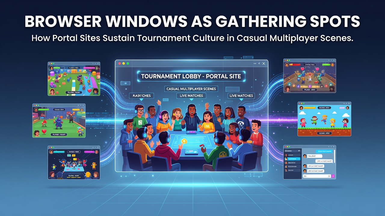 Browser windows open on a laptop showing multiple portal sites with active multiplayer tournament lobbies and chat interfaces