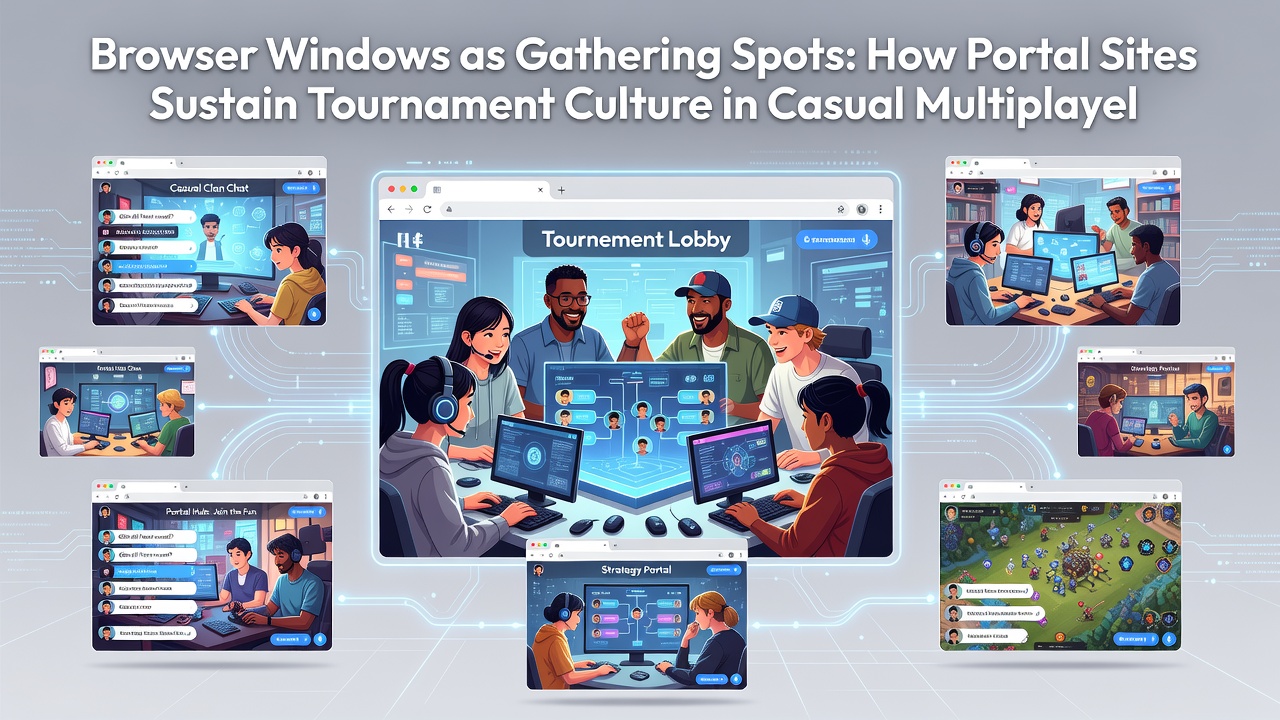 Multiple browser tabs displaying active casual multiplayer tournaments with participant lists, timers, and community chat windows open side by side