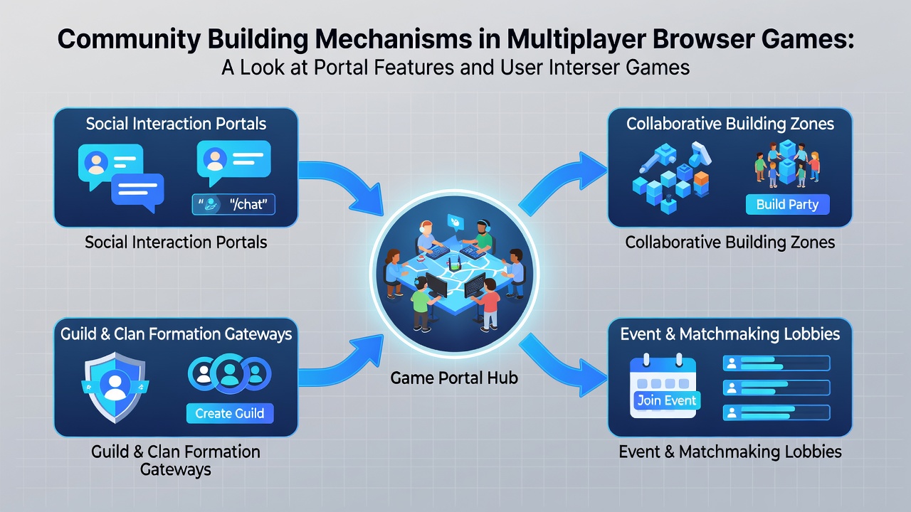Players collaborating in a browser game community hub with guild management tools and event calendars visible