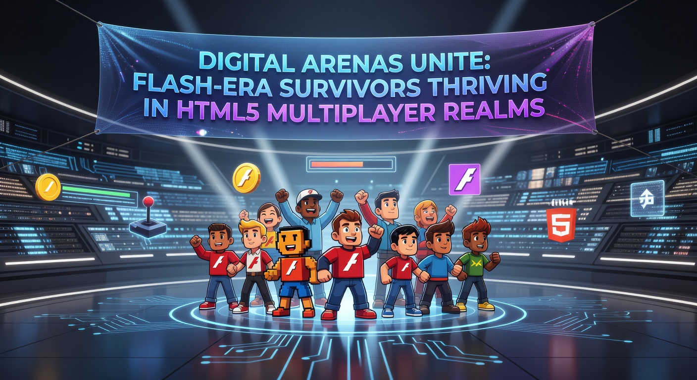 Vibrant digital arena with players clashing in a pixelated multiplayer battle, evoking classic Flash game aesthetics updated for modern browsers