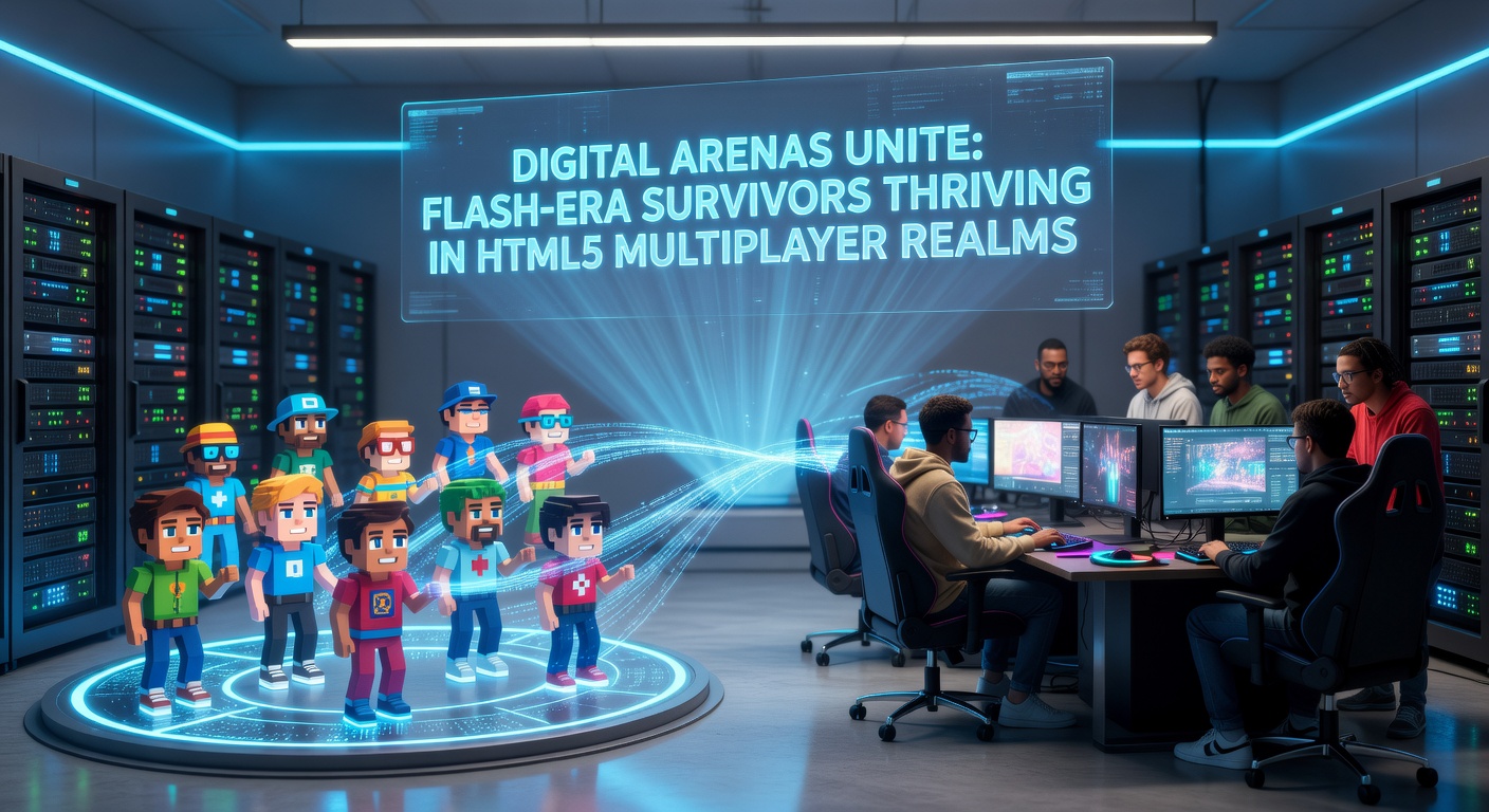 Intense multiplayer showdown in an HTML5 arena, featuring diverse player avatars battling amid explosive effects and dynamic environments