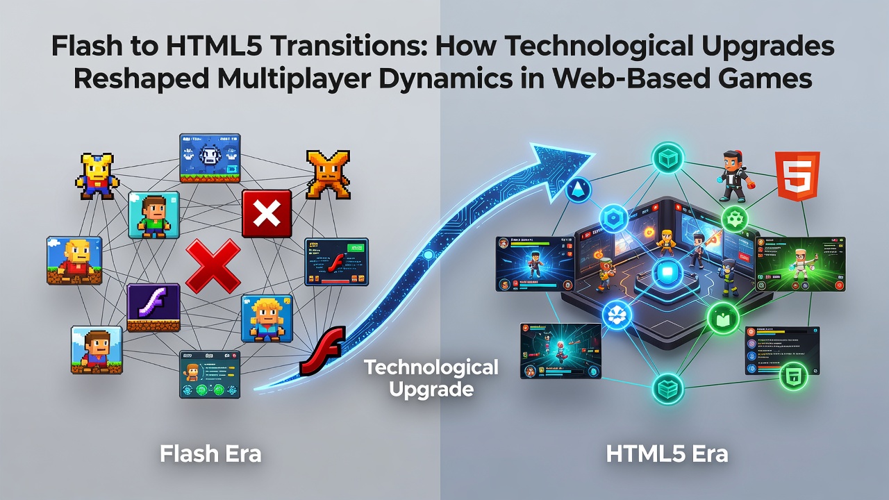 Comparison graphics illustrating WebSocket-enabled multiplayer lobbies versus older Flash-based room systems