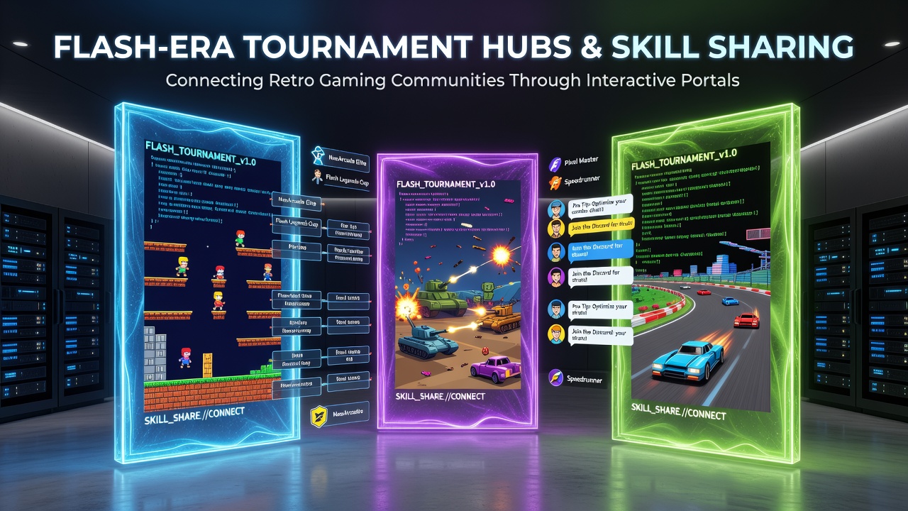 Game portals interface showing tournament leaderboards and community forums from the Flash era