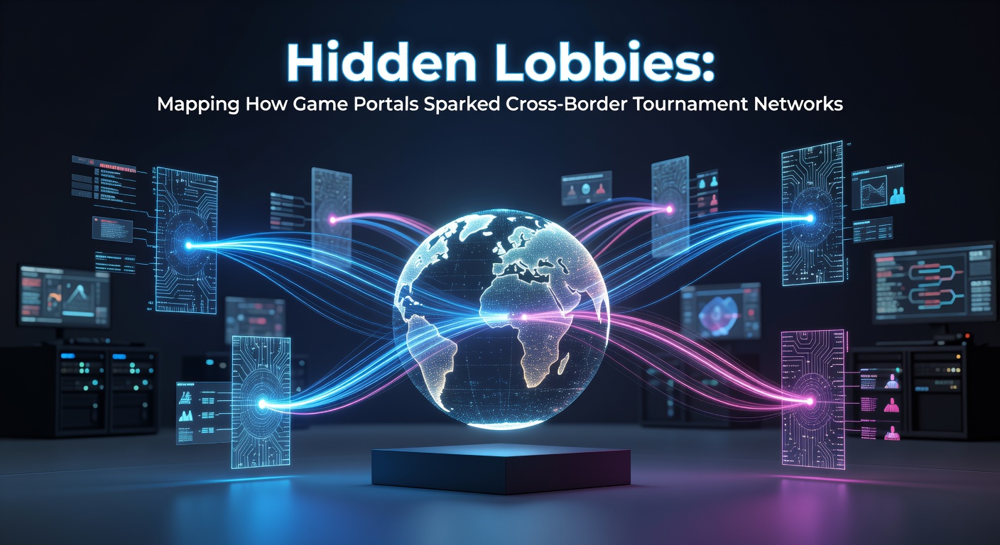 Diagram showing interconnected game portal lobbies across multiple countries with tournament pathways highlighted
