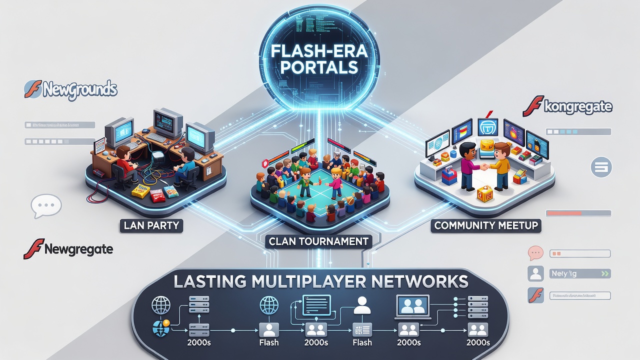 Community members gathered around archived Flash game event records displayed on a modern screen