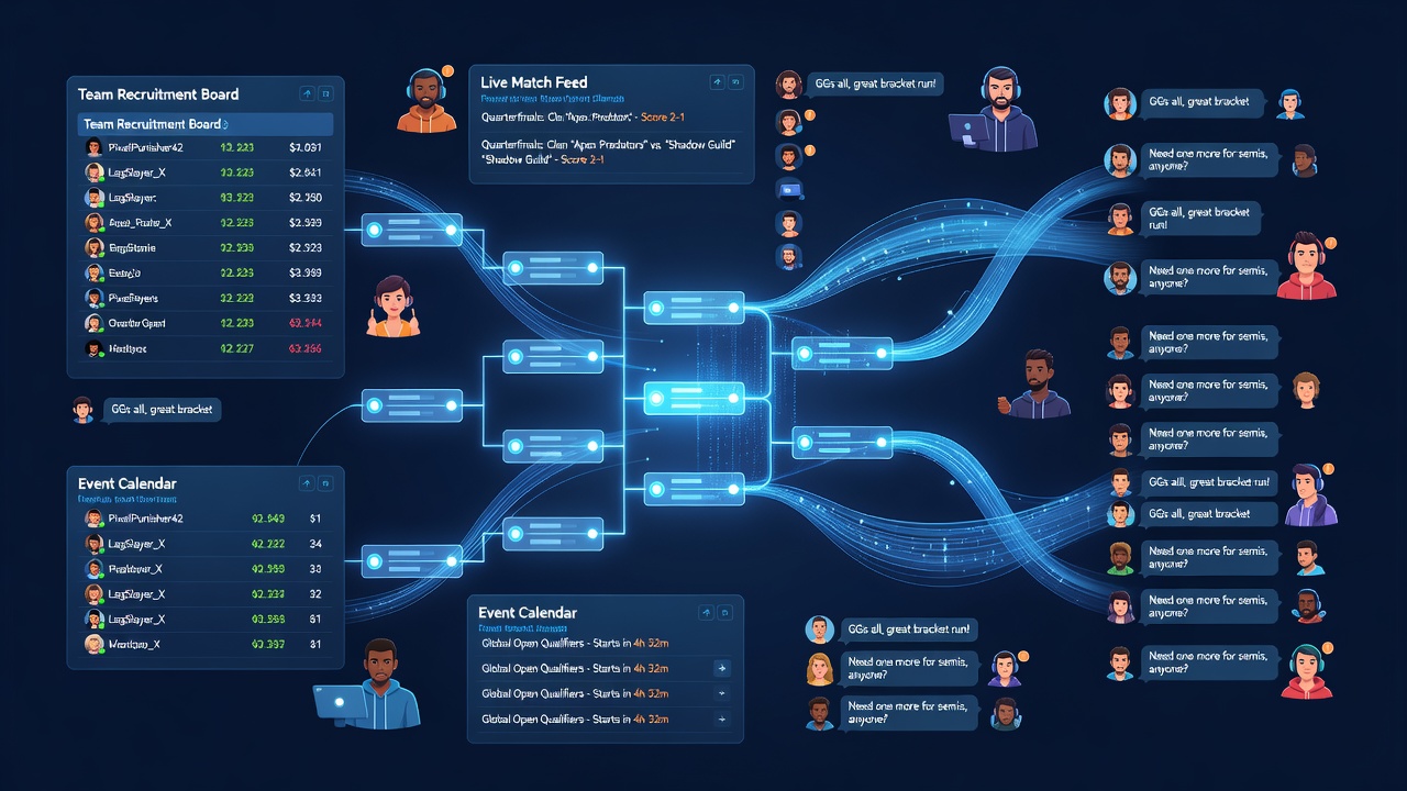 Gaming community members reviewing tournament brackets on multiple screens during an online event setup