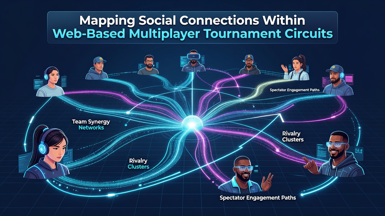 Network visualization showing interconnected nodes representing players in an online multiplayer tournament circuit
