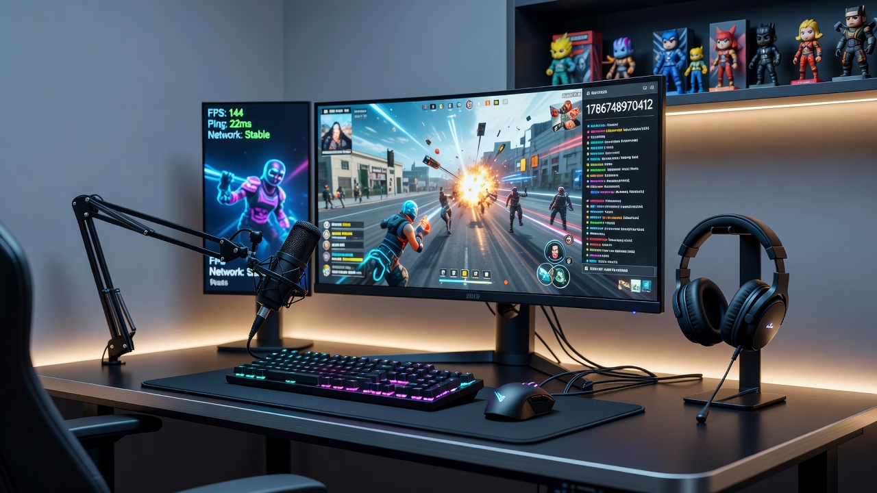 Diverse group of players engaged in online gaming sessions using various devices in a connected environment