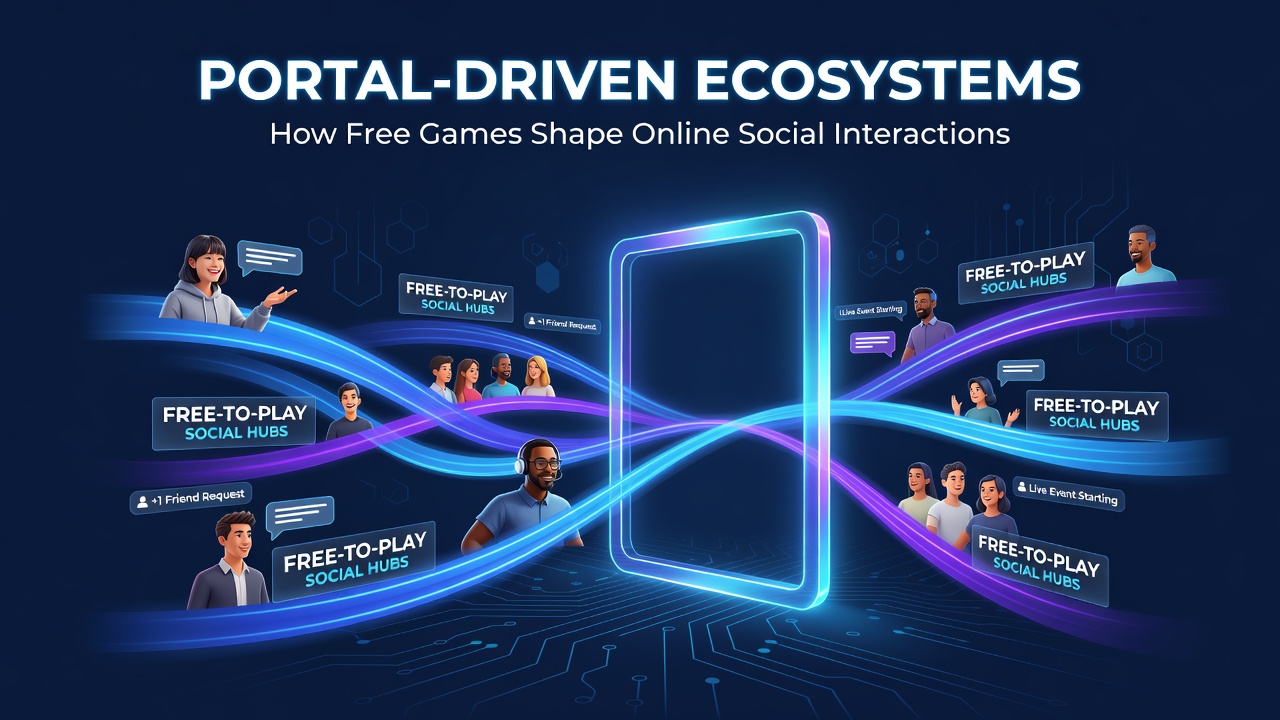 A vibrant digital portal interface showing multiple free game thumbnails with active user avatars and chat windows overlaid