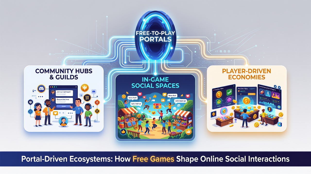 Group of diverse players interacting in a virtual portal lobby with shared game invites and profile customization options visible