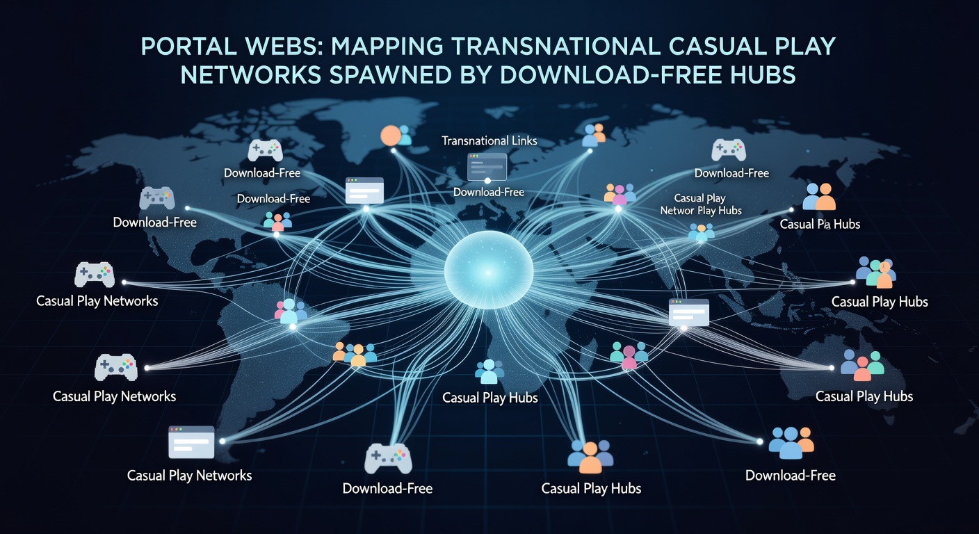 Network diagram showing connections between global casual game portals and player locations across continents