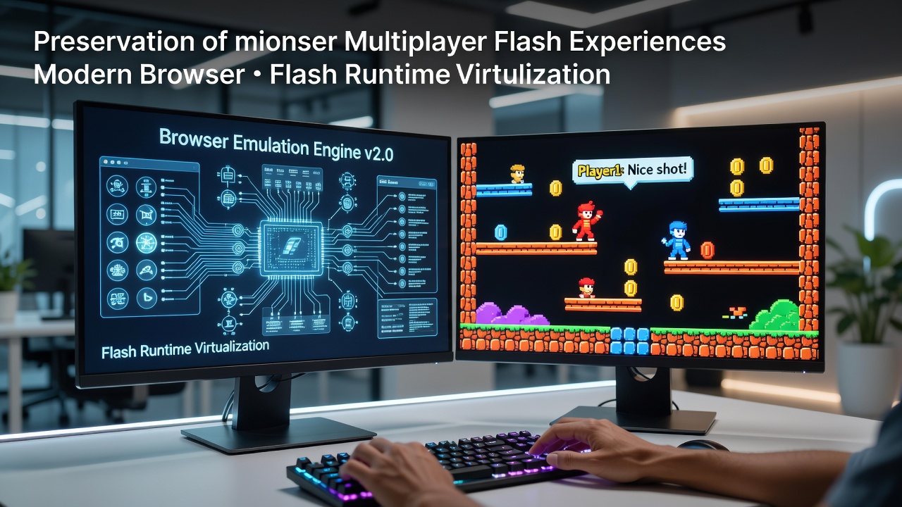 Modern browser emulation interface running a classic multiplayer Flash game with multiple connected players visible on screen