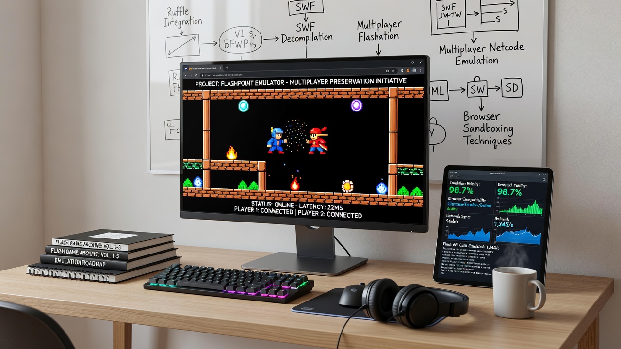 Developers collaborating on browser-based Flash emulation code with server logs and multiplayer test environments displayed across multiple monitors