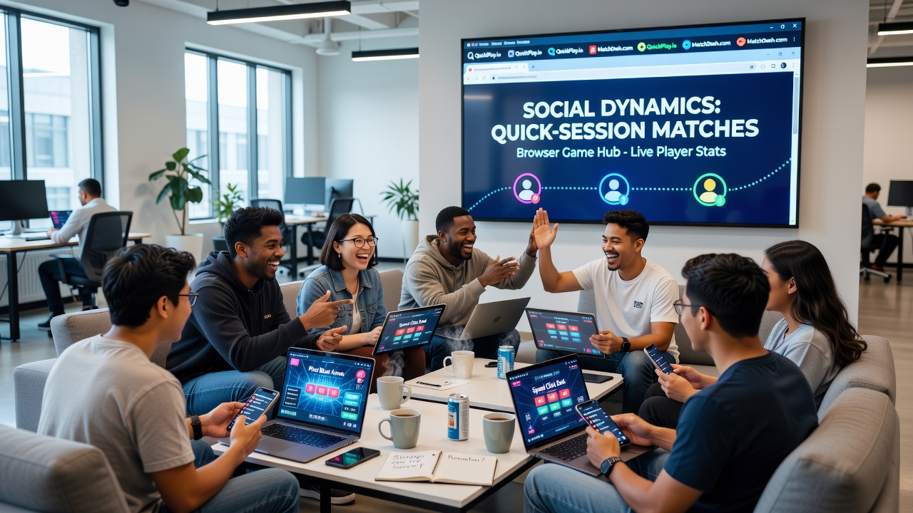 Diverse group of users in a browser game lobby discussing strategies after a quick match