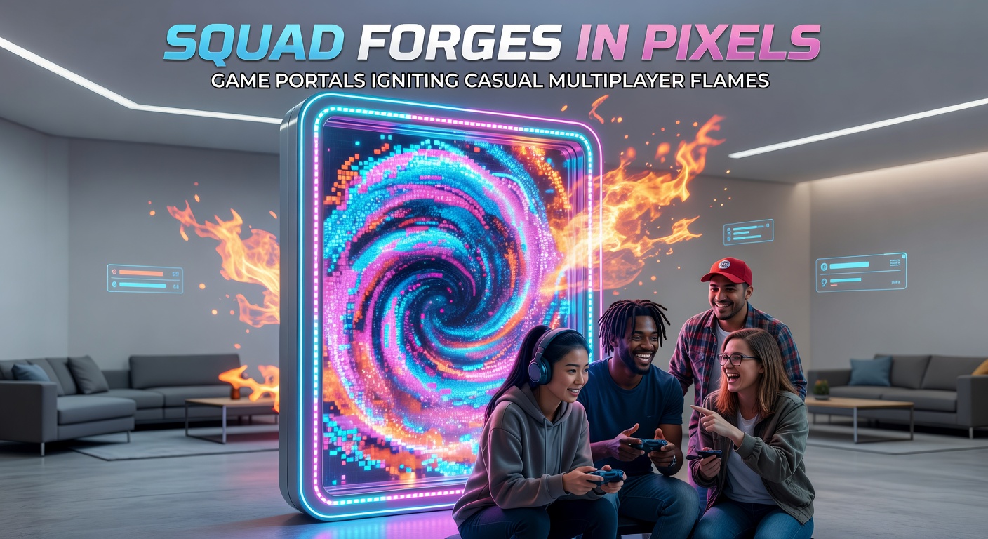 Pixelated portal glowing as players assemble squads for multiplayer battles, vibrant colors drawing in casual gamers worldwide