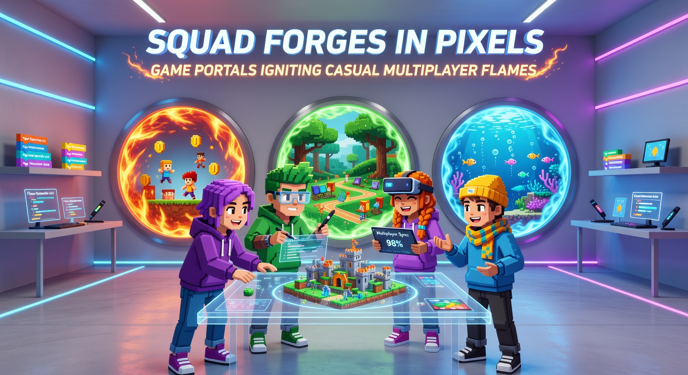 Intense squad clash in a pixel arena, portals swirling as teams unleash abilities in casual multiplayer frenzy