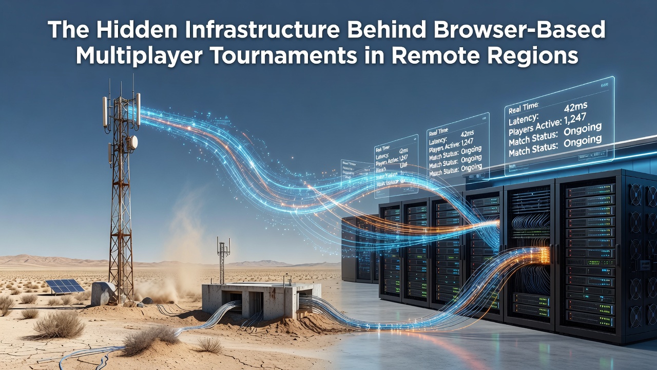 Satellite dishes and edge servers supporting browser-based multiplayer tournaments in a remote mountainous region