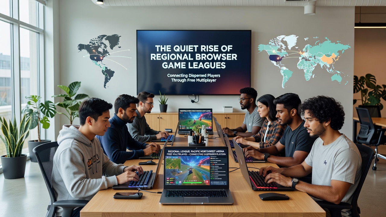 Screenshot of a browser game league dashboard showing regional player connections and event schedules